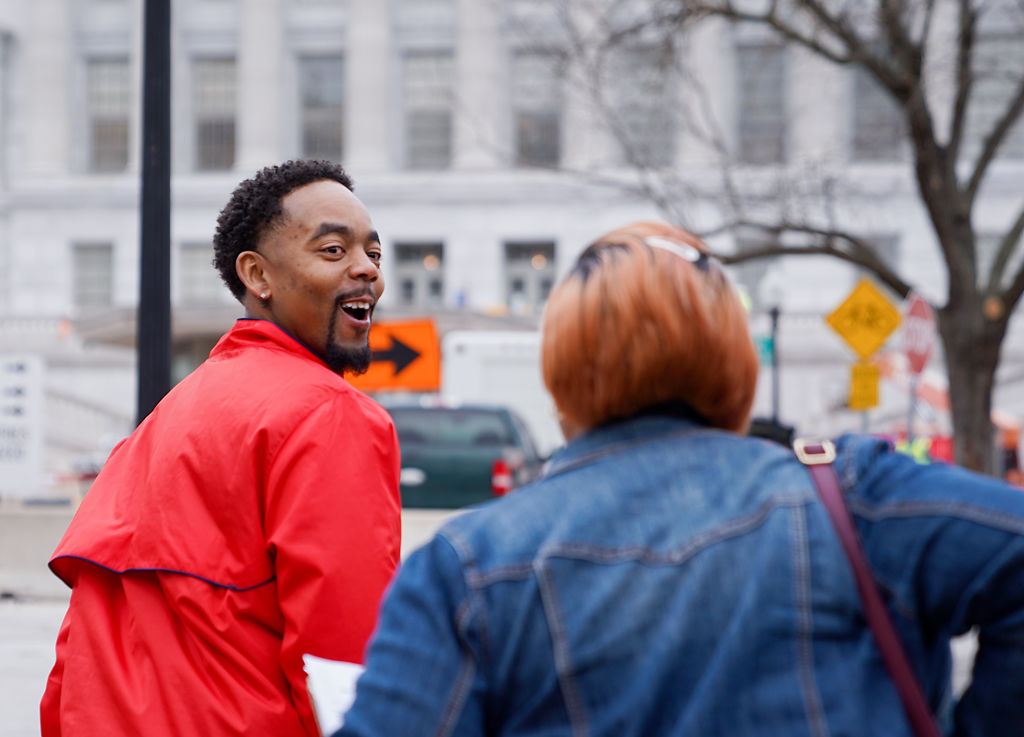 Dimetrious Woods talks to his friend Kortru McFarlin